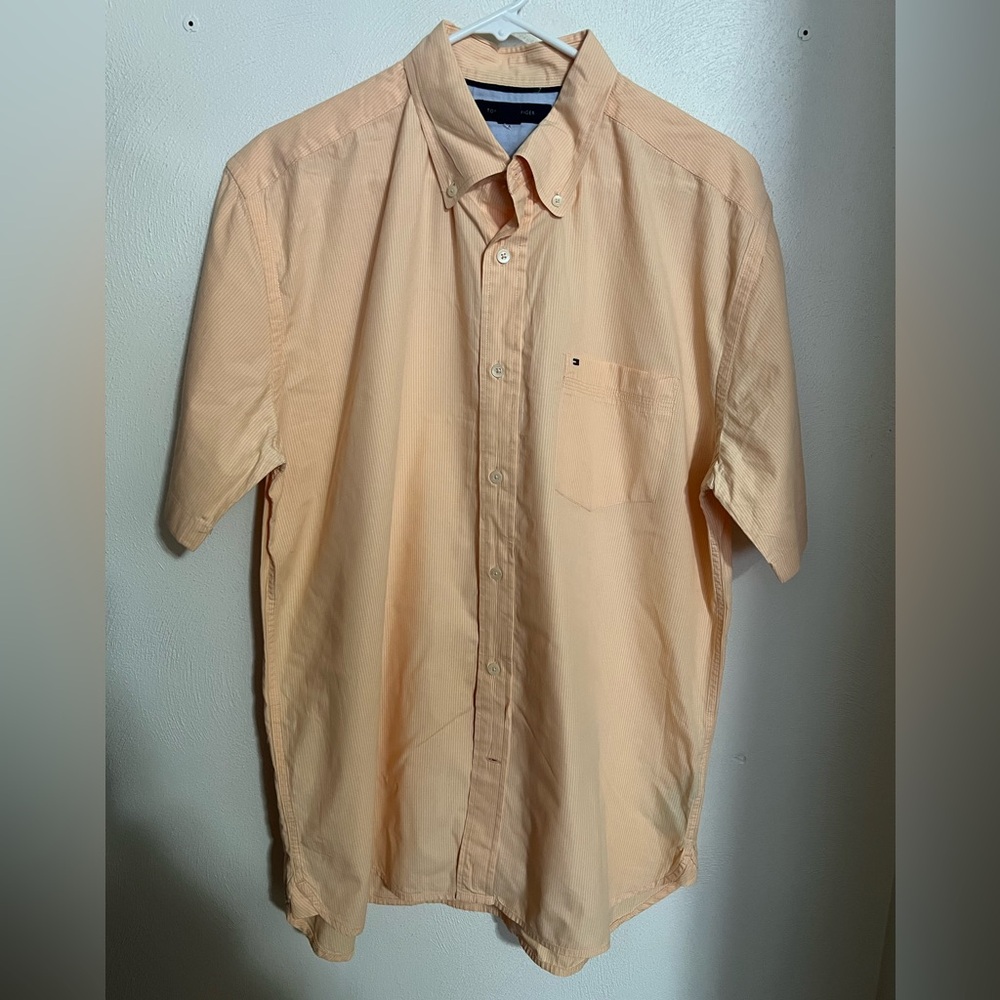 TOMMY HILFIGER Classic Striped Casual Button Down Shirt Orange White‎ Men's Sz L